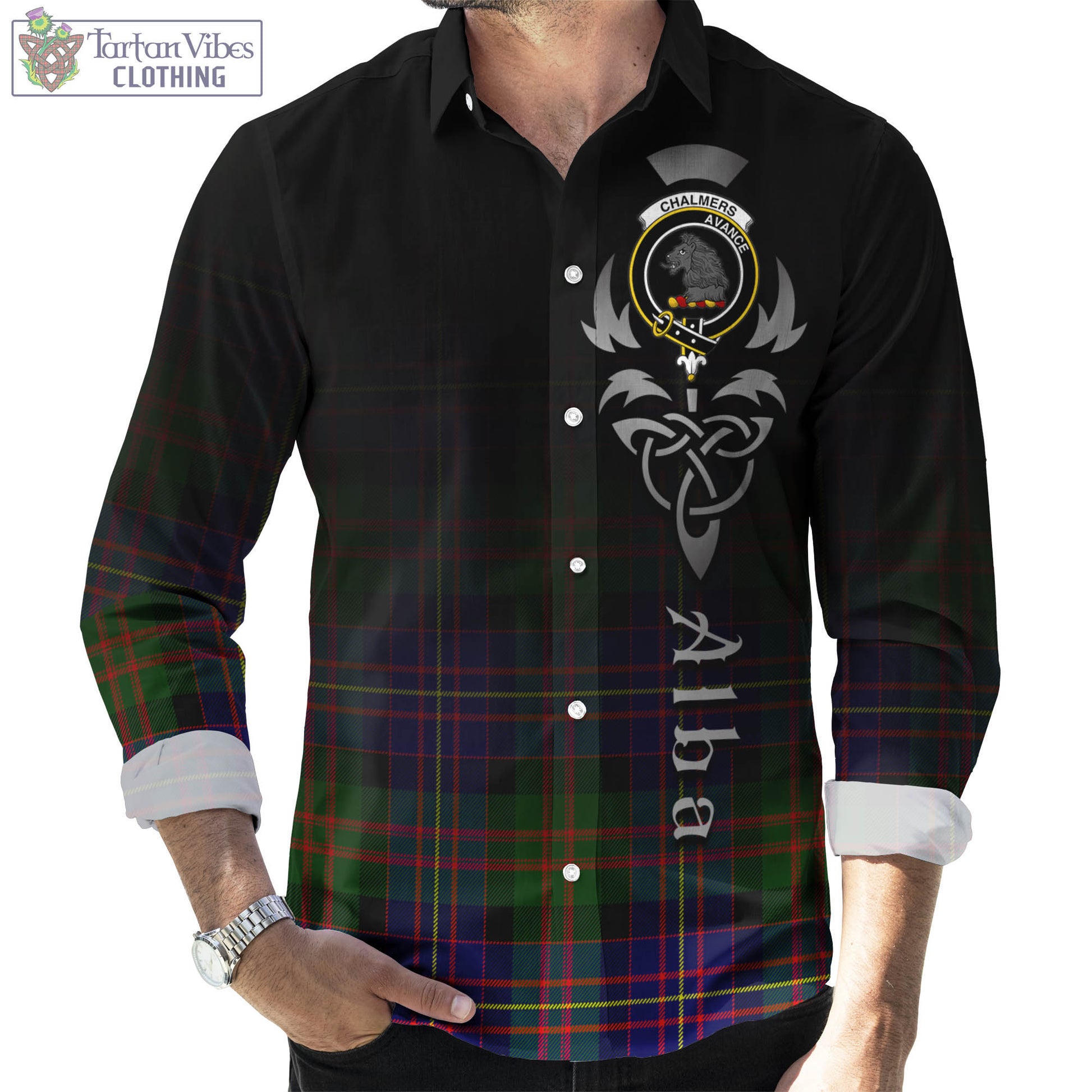 Chalmers Tartan Long Sleeve Button Up Featuring Alba Gu Brath Family Crest Celtic Inspired Men's Shirt - Tartan Vibes Clothing