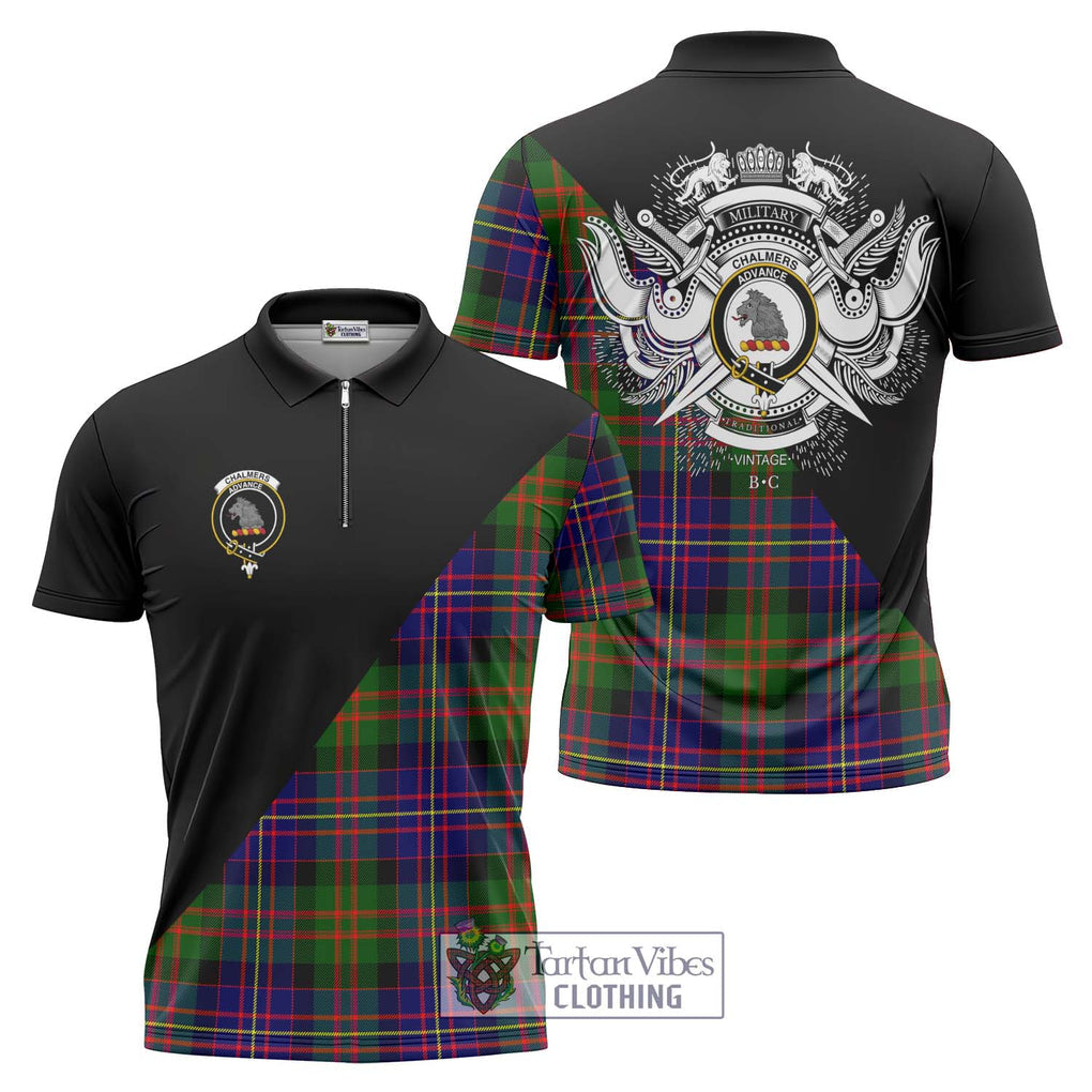 Chalmers Tartan Zipper Polo Shirt with Family Crest and Military Logo Style Unisex - Tartanvibesclothing Shop