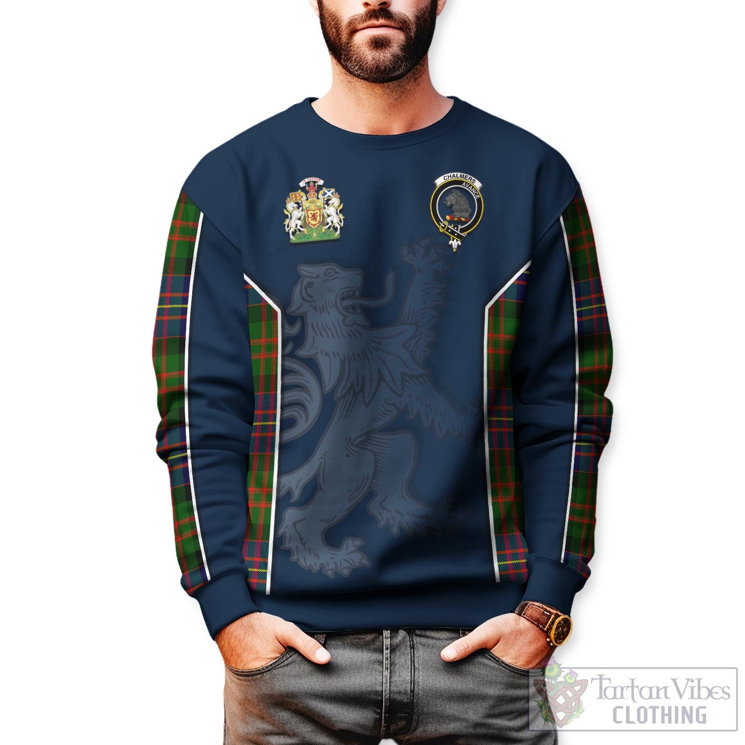 Tartan Vibes Clothing Chalmers Modern Tartan Sweater with Family Crest and Lion Rampant Vibes Sport Style