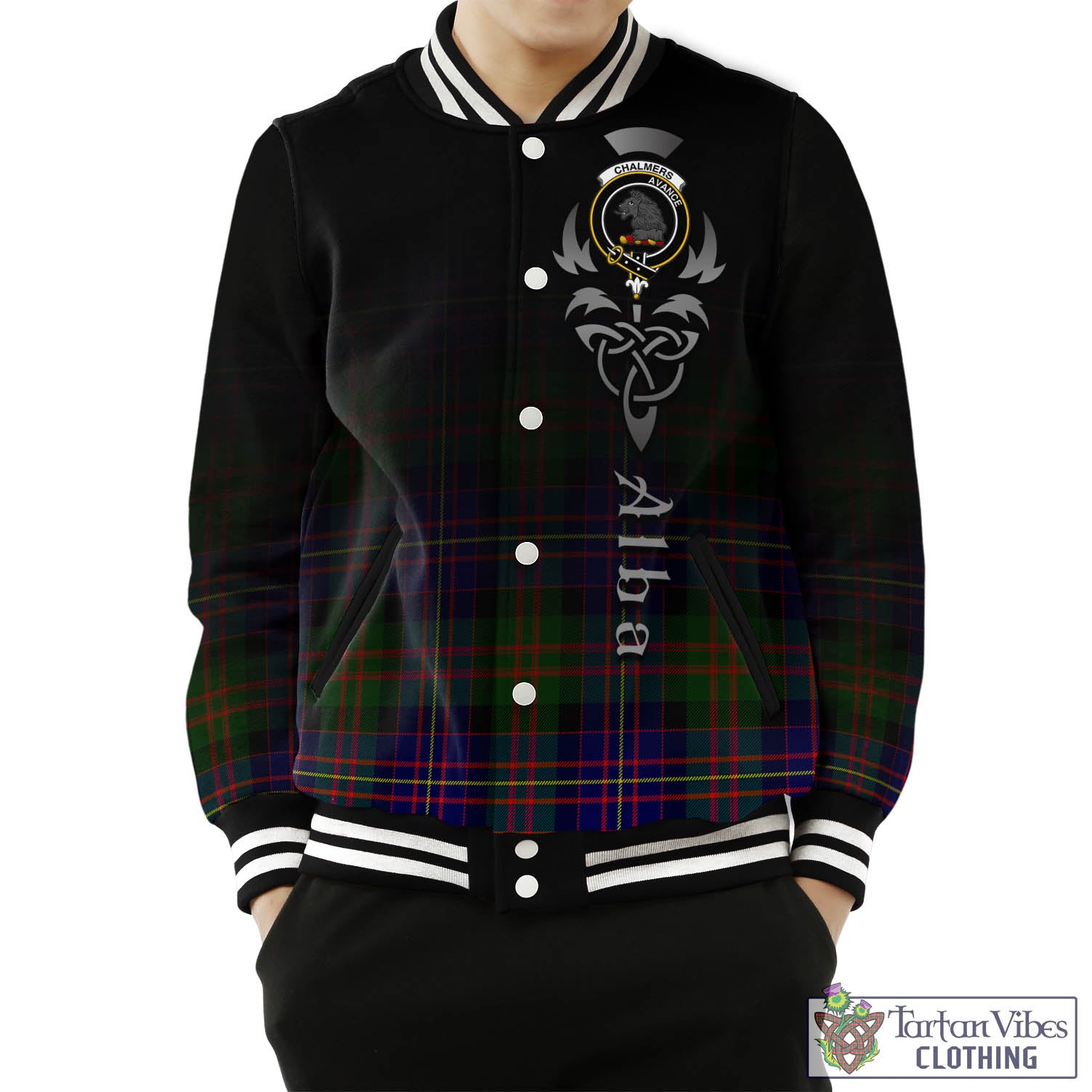 Chalmers Tartan Baseball Jacket Featuring Alba Gu Brath Family Crest Celtic Inspired Unisex - Tartan Vibes Clothing