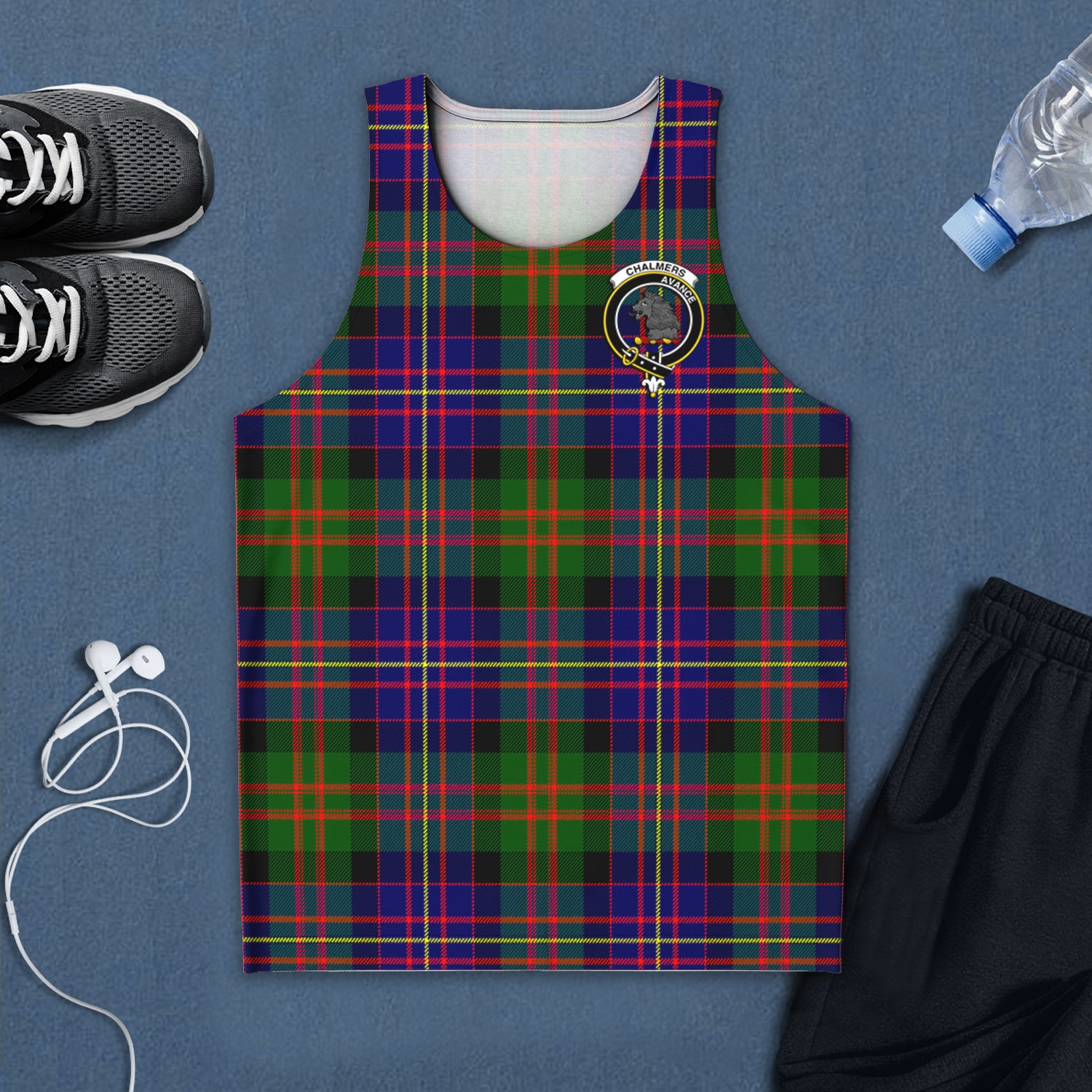 Chalmers Tartan Mens Tank Top with Family Crest 5XL - Tartan Vibes Clothing