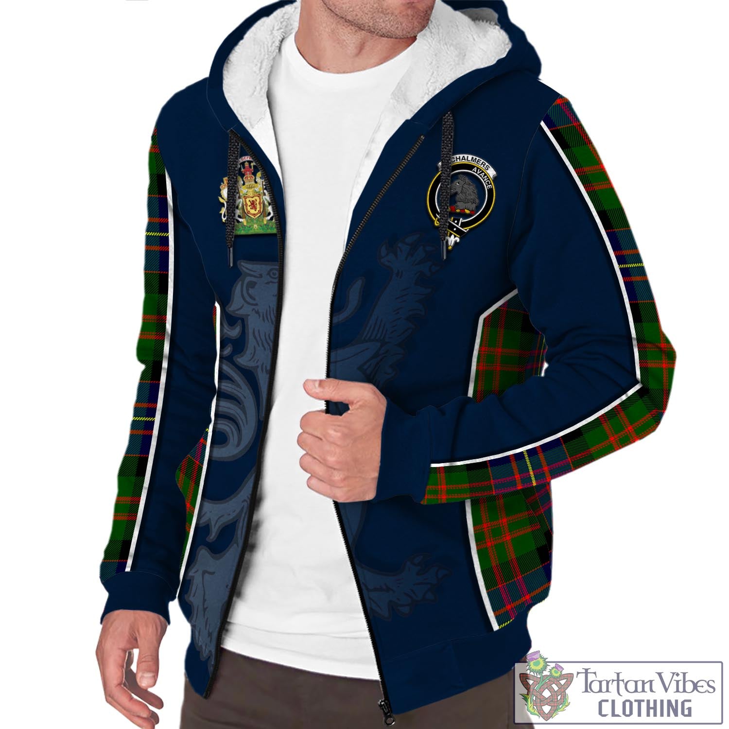 Tartan Vibes Clothing Chalmers Modern Tartan Sherpa Hoodie with Family Crest and Lion Rampant Vibes Sport Style