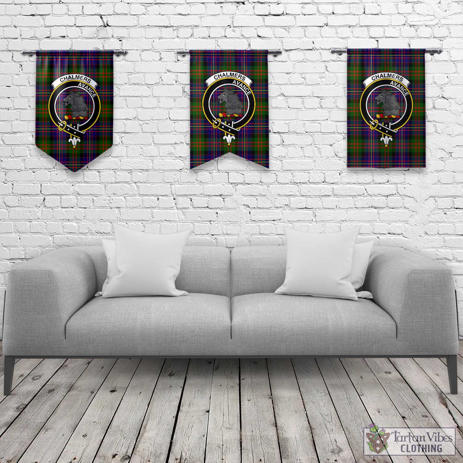 Chalmers Tartan Gonfalon, Tartan Banner with Family Crest Rectangle - Tartan Vibes Clothing