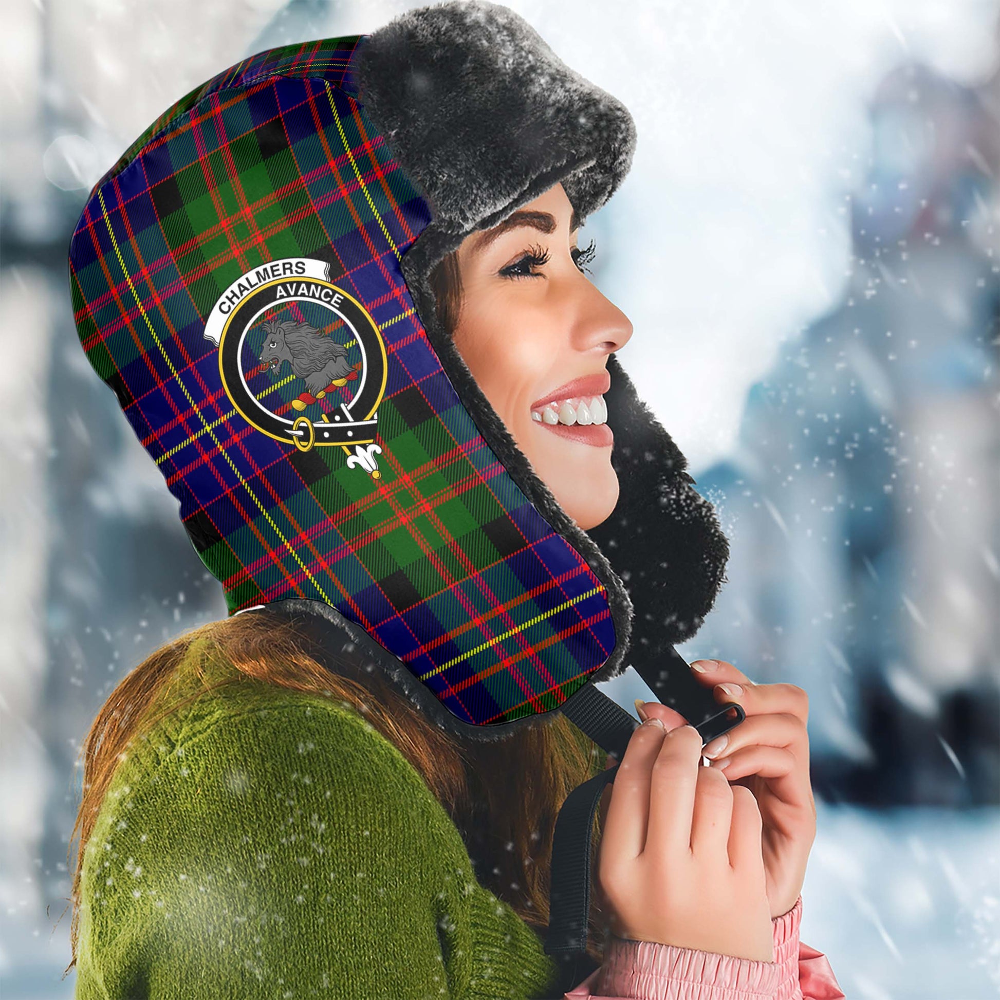 Chalmers Tartan Winter Trapper Hat with Family Crest Winter Trapper Hat Universal Fit Circumference 22.8in (58cm) - Tartan Vibes Clothing