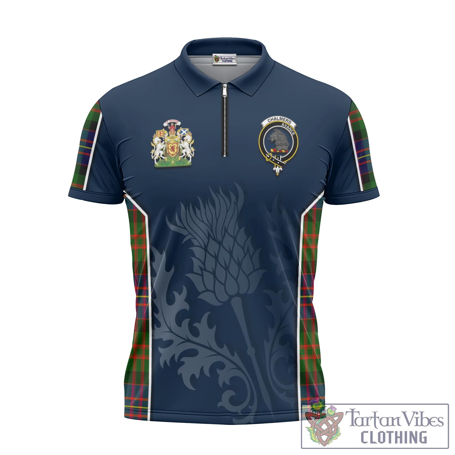 Tartan Vibes Clothing Chalmers Modern Tartan Zipper Polo Shirt with Family Crest and Scottish Thistle Vibes Sport Style