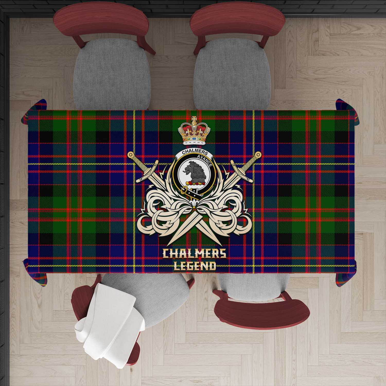 Chalmers Tartan Tablecloth with Clan Crest and the Golden Sword of Courageous Legacy - Tartan Vibes Clothing