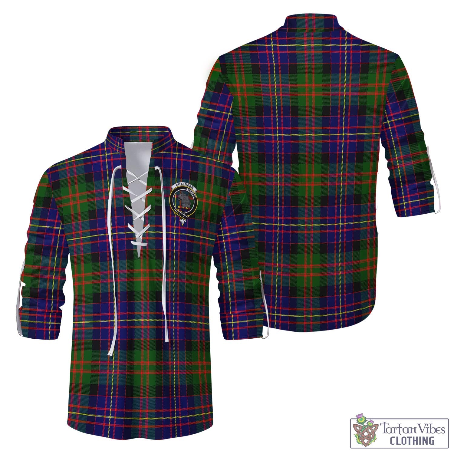 Tartan Vibes Clothing Chalmers Modern Tartan Men's Scottish Traditional Jacobite Ghillie Kilt Shirt with Family Crest