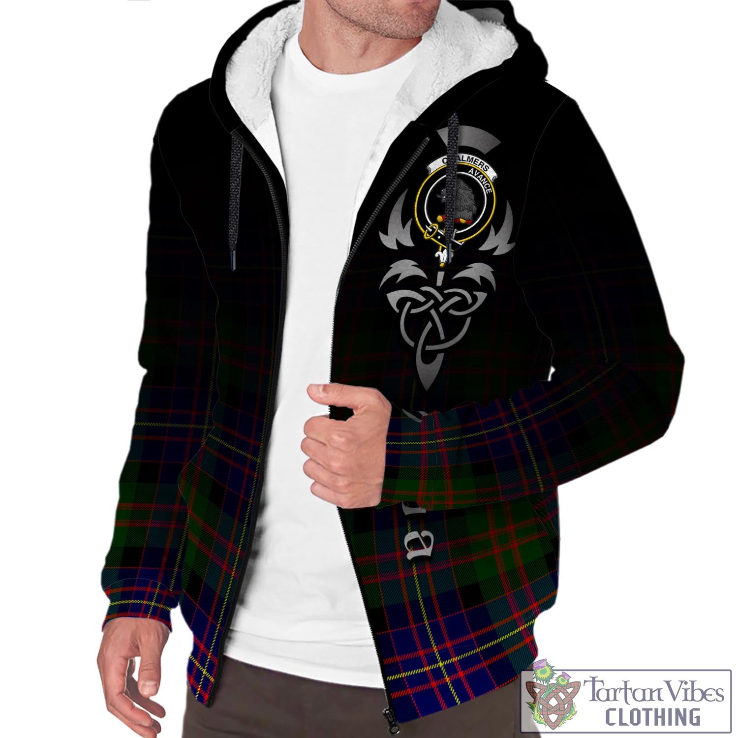 Tartan Vibes Clothing Chalmers Modern Tartan Sherpa Hoodie Featuring Alba Gu Brath Family Crest Celtic Inspired