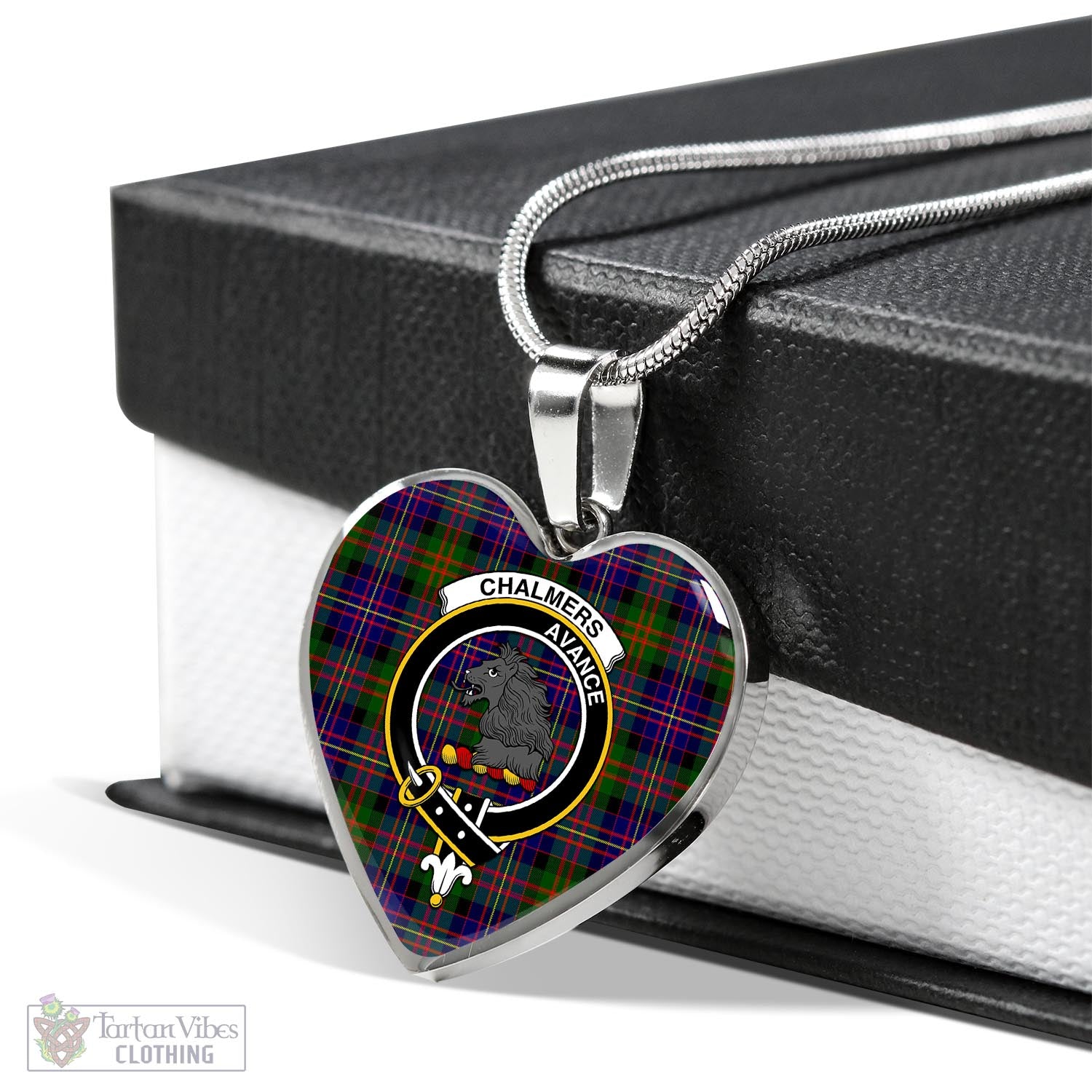 Chalmers Tartan Heart Necklace with Family Crest Luxury Necklace (Silver) No - Tartan Vibes Clothing