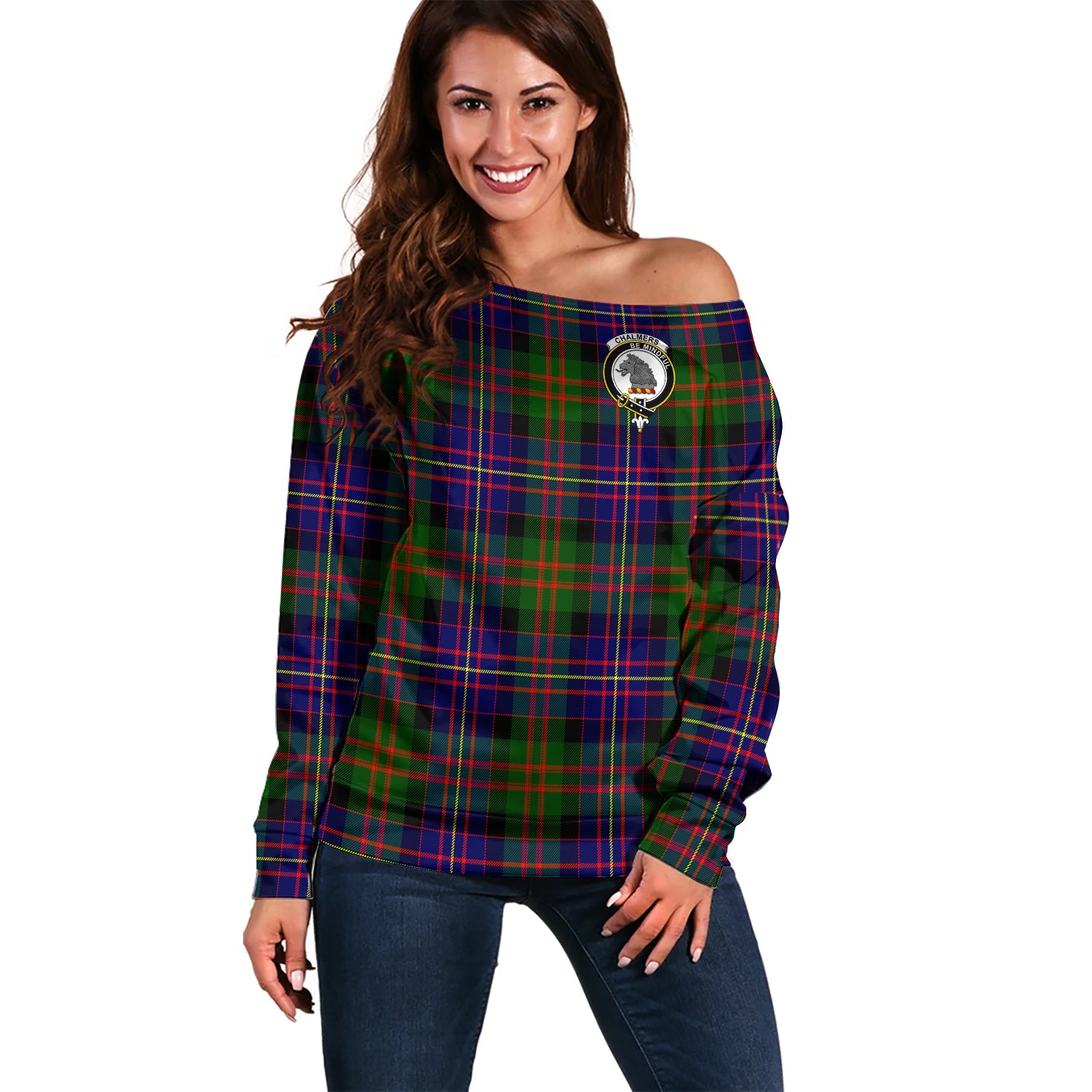 Chalmers Tartan Off Shoulder Women Sweater with Family Crest Women - Tartan Vibes Clothing
