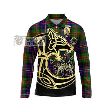 Chalmers Tartan Long Sleeve Polo Shirt with Family Crest Celtic Wolf Style Unisex - Tartan Vibes Clothing