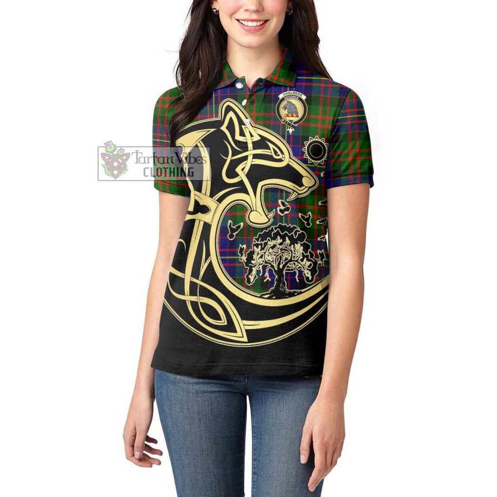 Chalmers Tartan Women's Polo Shirt with Family Crest Celtic Wolf Style - Tartanvibesclothing Shop