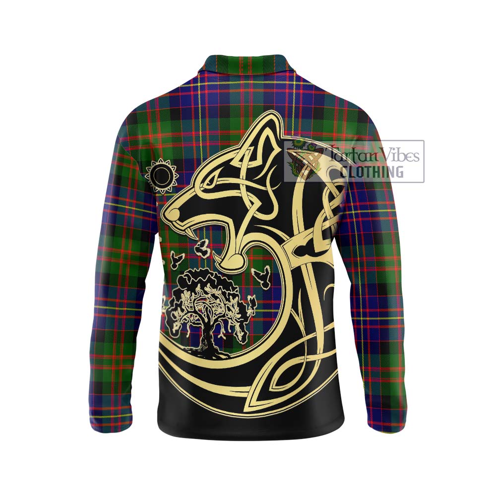 Chalmers Tartan Long Sleeve Polo Shirt with Family Crest Celtic Wolf Style - Tartan Vibes Clothing