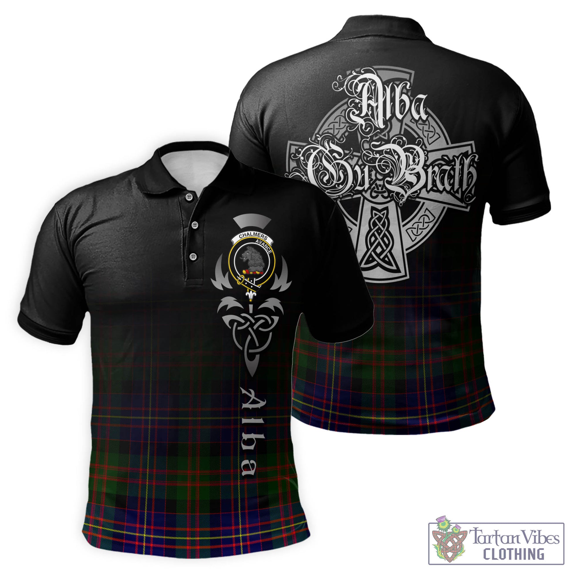 Chalmers Tartan Polo Shirt Featuring Alba Gu Brath Family Crest Celtic Inspired - Tartan Vibes Clothing
