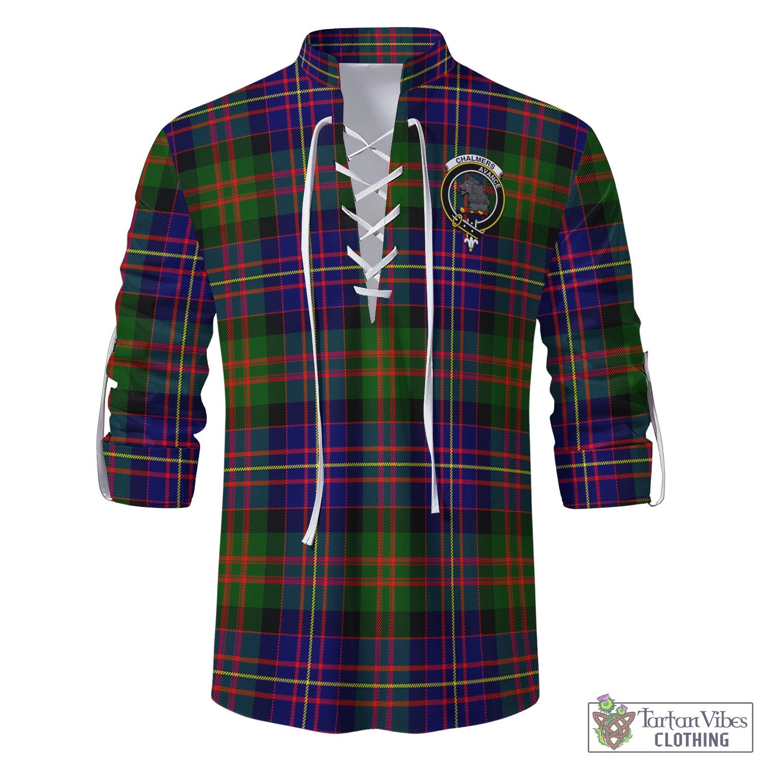 Tartan Vibes Clothing Chalmers Modern Tartan Men's Scottish Traditional Jacobite Ghillie Kilt Shirt with Family Crest