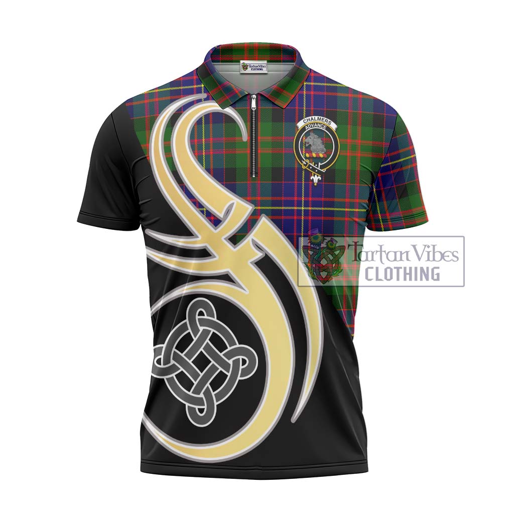 Tartan Vibes Clothing Chalmers Modern Tartan Zipper Polo Shirt with Family Crest and Celtic Symbol Style