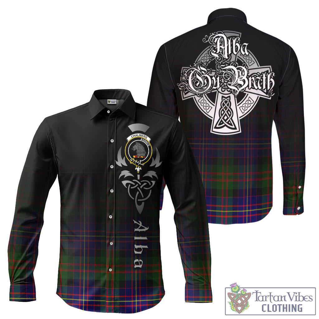 Tartan Vibes Clothing Chalmers Modern Tartan Long Sleeve Button Up Featuring Alba Gu Brath Family Crest Celtic Inspired