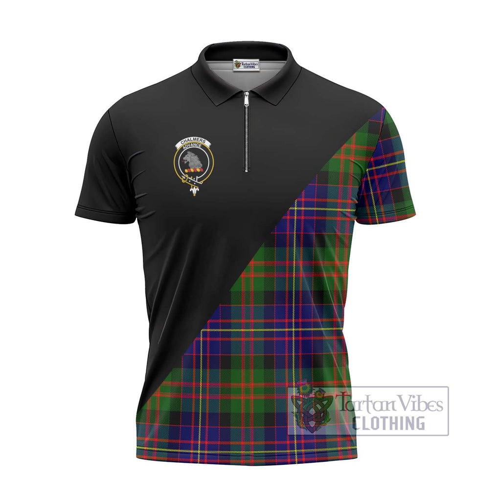 Chalmers Tartan Zipper Polo Shirt with Family Crest and Military Logo Style - Tartanvibesclothing Shop