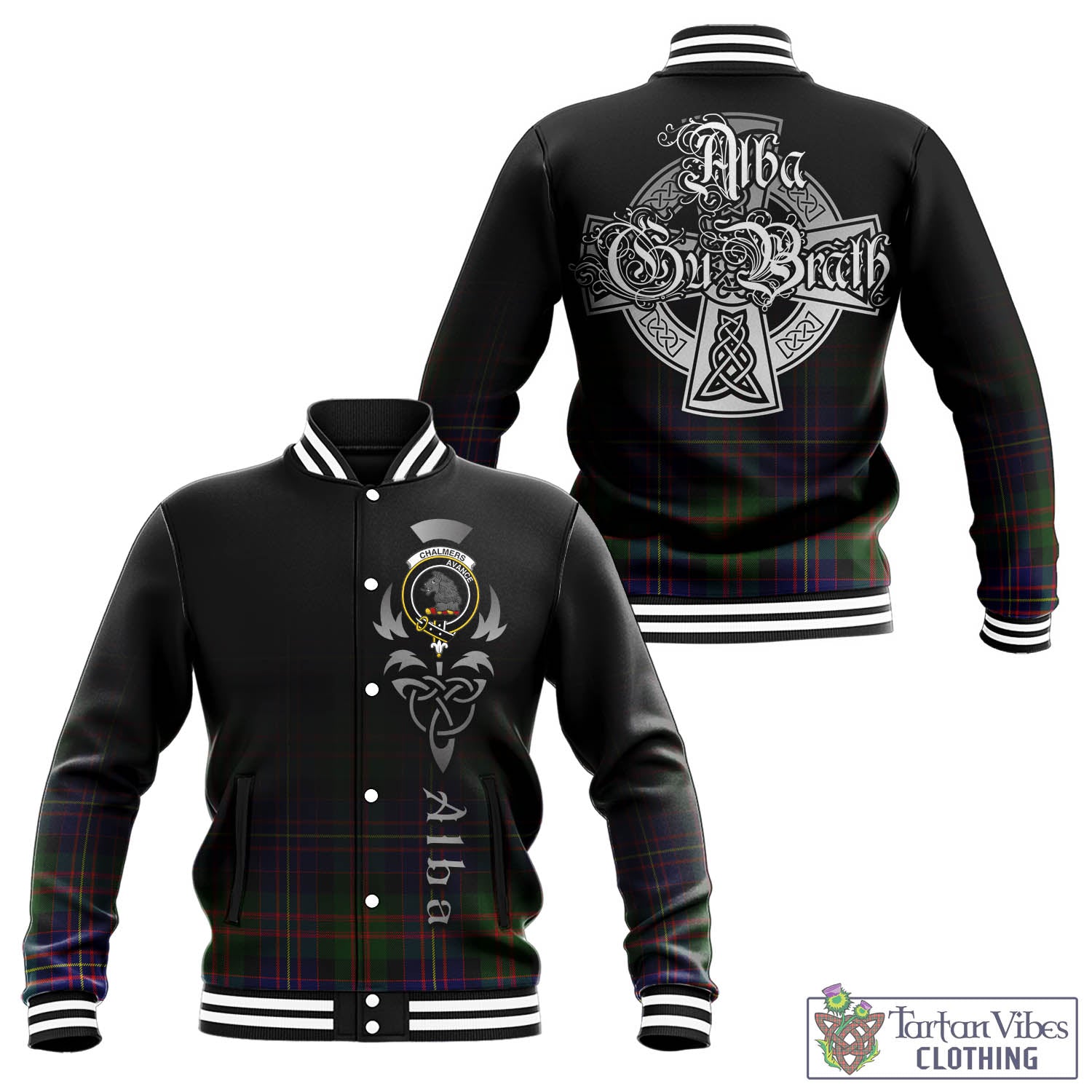 Chalmers Tartan Baseball Jacket Featuring Alba Gu Brath Family Crest Celtic Inspired - Tartan Vibes Clothing