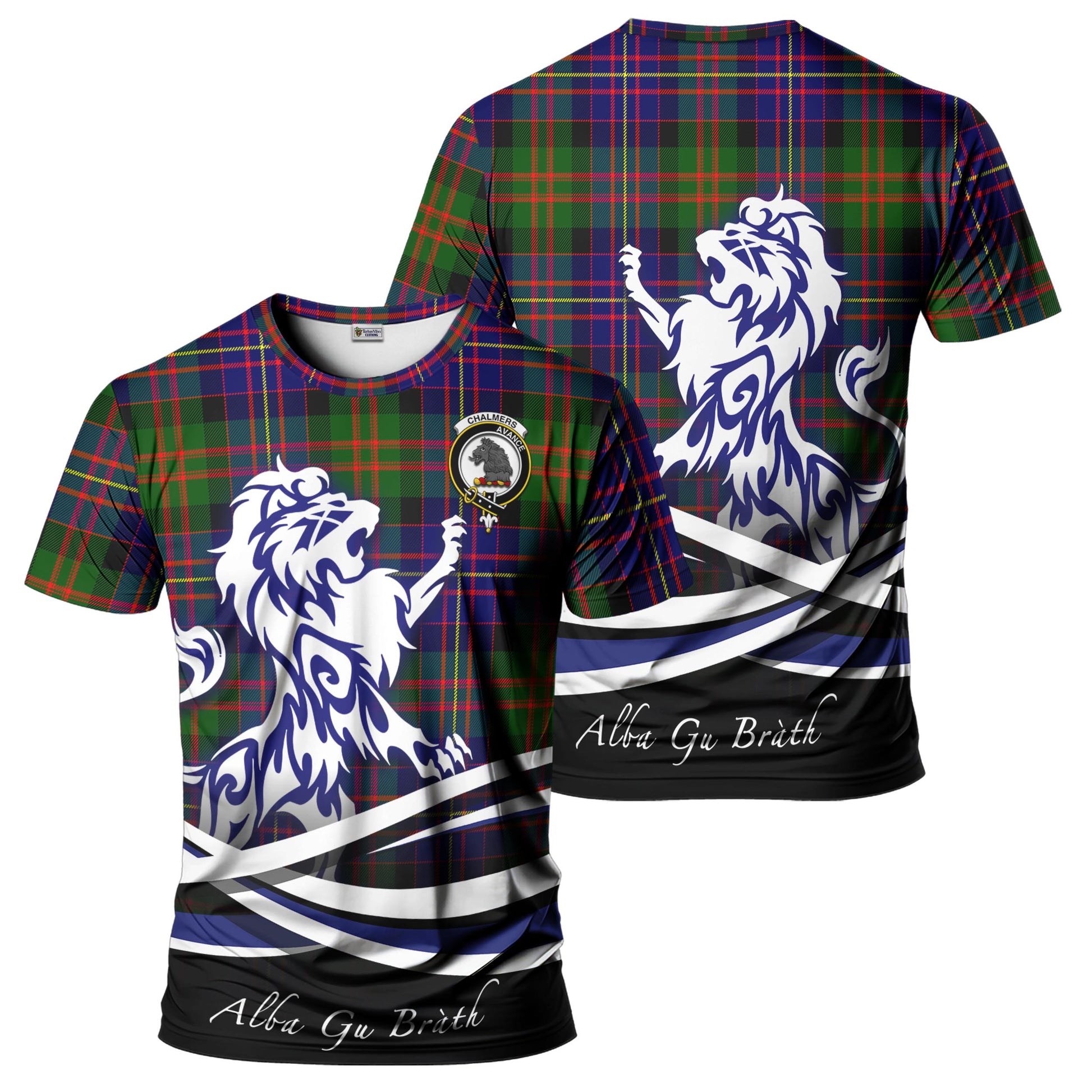 chalmers-modern-tartan-t-shirt-with-alba-gu-brath-regal-lion-emblem