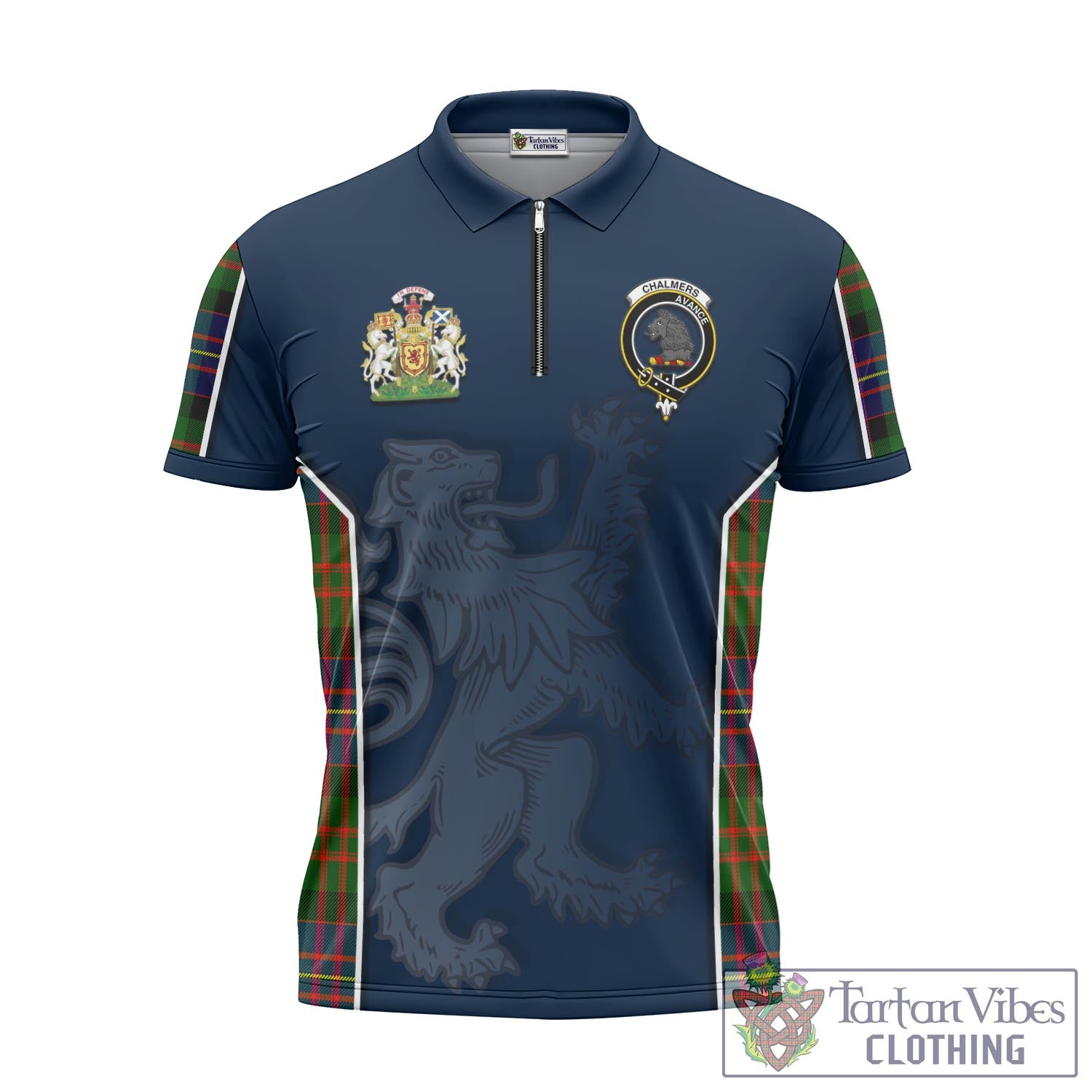 Tartan Vibes Clothing Chalmers Modern Tartan Zipper Polo Shirt with Family Crest and Lion Rampant Vibes Sport Style