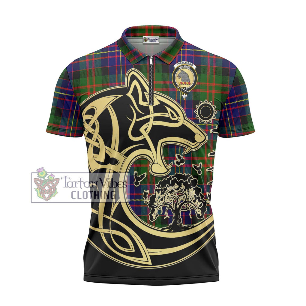 Chalmers Tartan Zipper Polo Shirt with Family Crest Celtic Wolf Style - Tartanvibesclothing Shop