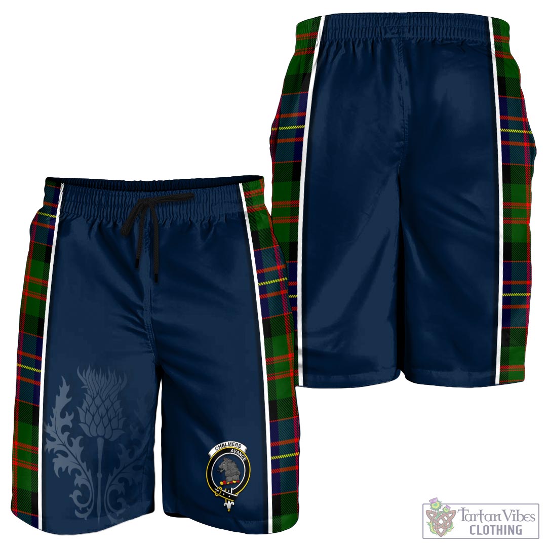 Tartan Vibes Clothing Chalmers Modern Tartan Men's Shorts with Family Crest and Scottish Thistle Vibes Sport Style