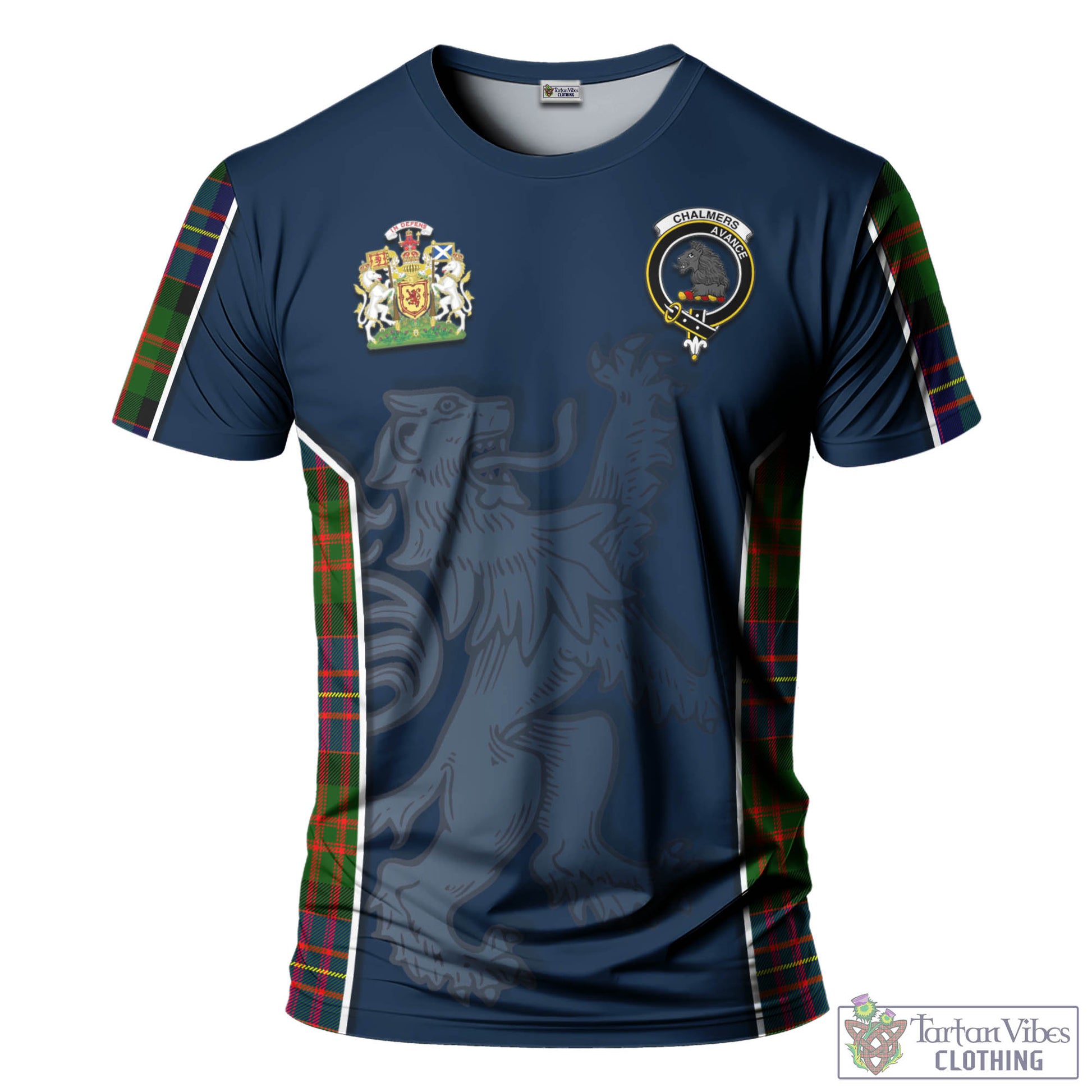 Tartan Vibes Clothing Chalmers Modern Tartan T-Shirt with Family Crest and Lion Rampant Vibes Sport Style