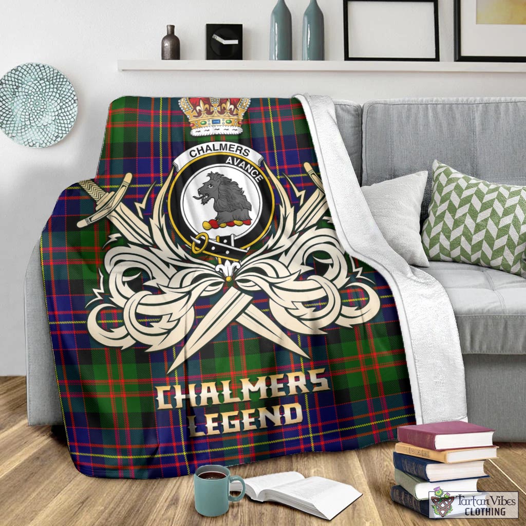 Tartan Vibes Clothing Chalmers Modern Tartan Blanket with Clan Crest and the Golden Sword of Courageous Legacy