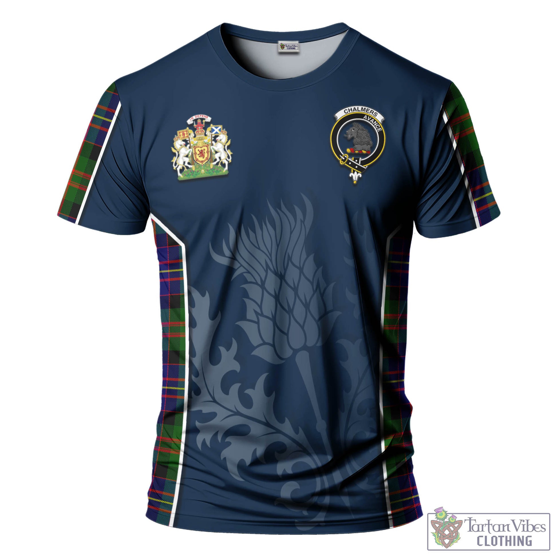 Tartan Vibes Clothing Chalmers Modern Tartan T-Shirt with Family Crest and Scottish Thistle Vibes Sport Style