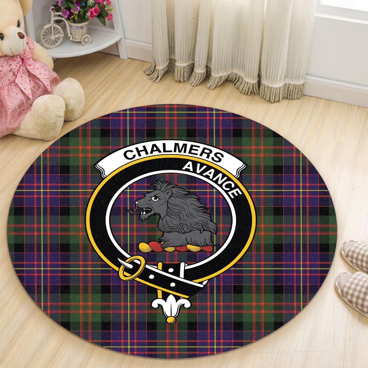 Chalmers Tartan Round Rug with Family Crest - Tartan Vibes Clothing