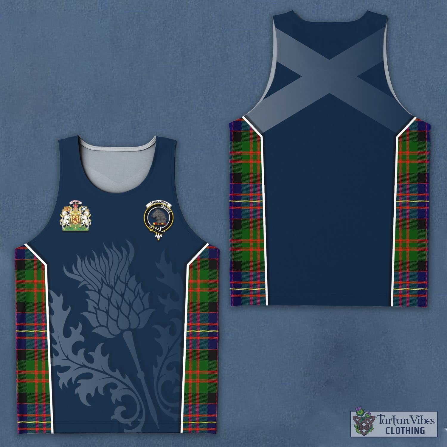 Tartan Vibes Clothing Chalmers Modern Tartan Men's Tanks Top with Family Crest and Scottish Thistle Vibes Sport Style