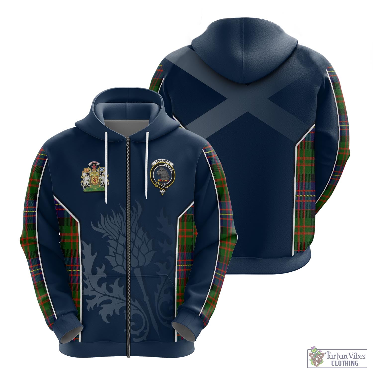 Tartan Vibes Clothing Chalmers Modern Tartan Hoodie with Family Crest and Scottish Thistle Vibes Sport Style