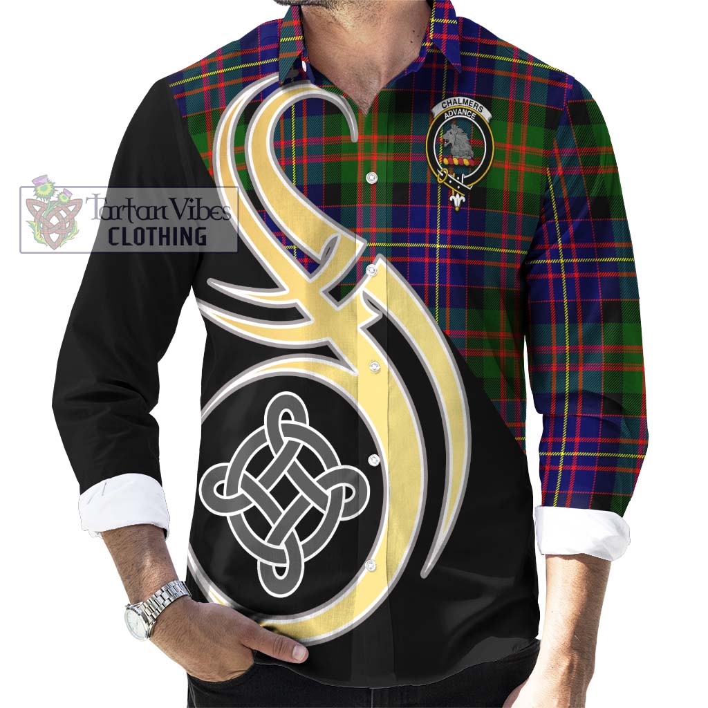 Chalmers Tartan Long Sleeve Button Shirt with Family Crest and Celtic Symbol Style - Tartan Vibes Clothing