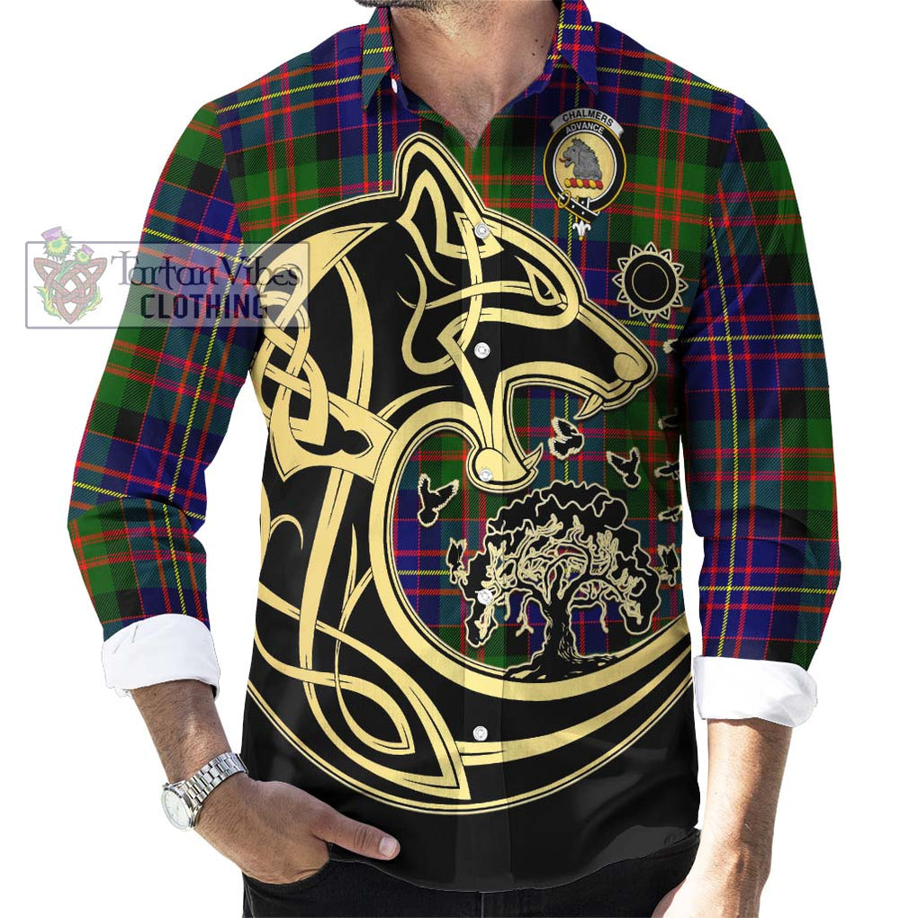 Chalmers Tartan Long Sleeve Button Shirt with Family Crest Celtic Wolf Style - Tartan Vibes Clothing
