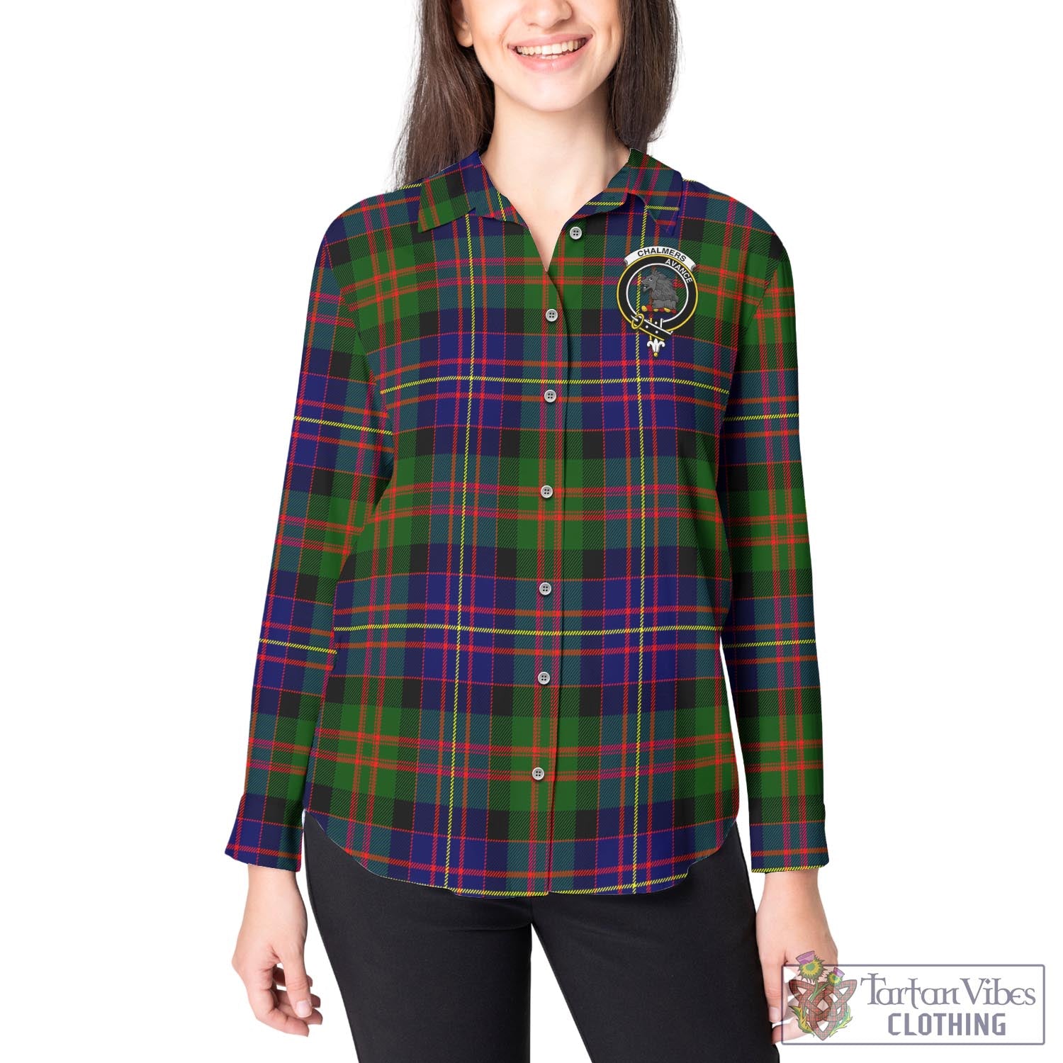 Tartan Vibes Clothing Chalmers Modern Tartan Womens Casual Shirt with Family Crest
