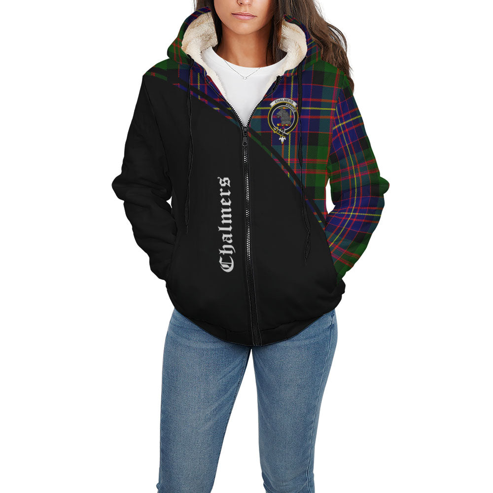 Chalmers Tartan Sherpa Hoodie with Family Crest Curve Style - Tartan Vibes Clothing