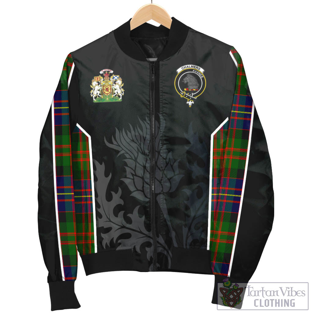 Tartan Vibes Clothing Chalmers Modern Tartan Bomber Jacket with Family Crest and Scottish Thistle Vibes Sport Style