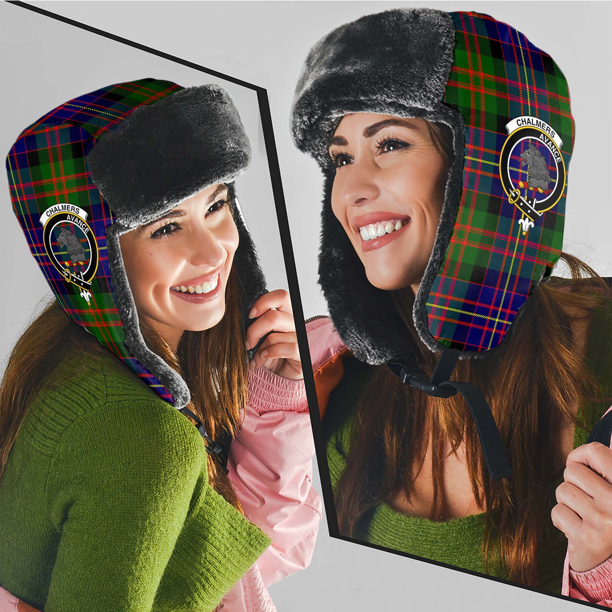 Chalmers Tartan Winter Trapper Hat with Family Crest - Tartan Vibes Clothing