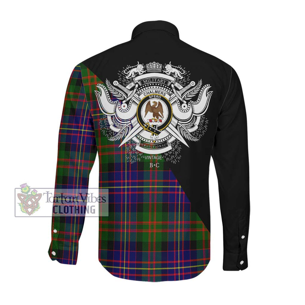 Chalmers of Balnacraig Tartan Long Sleeve Button Shirt with Family Crest and Military Logo Style Men's Shirt - Tartanvibesclothing Shop