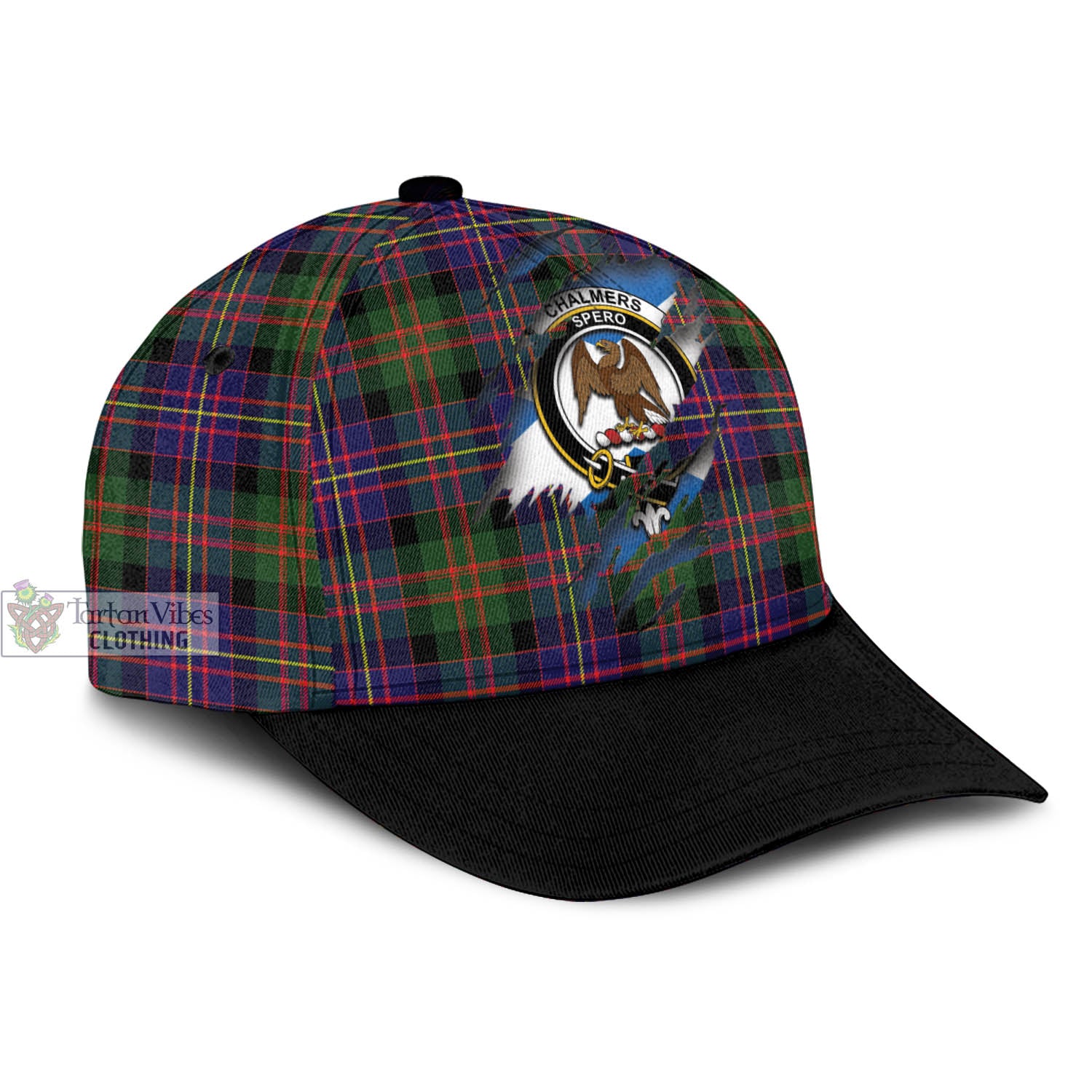 Tartan Vibes Clothing Chalmers of Balnacraig Tartan Classic Cap with Family Crest In Me Style