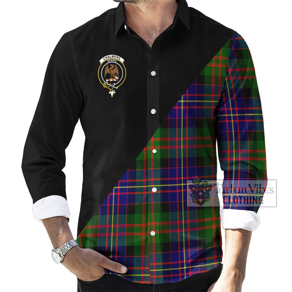 Chalmers of Balnacraig Tartan Long Sleeve Button Shirt with Family Crest and Military Logo Style - Tartanvibesclothing Shop