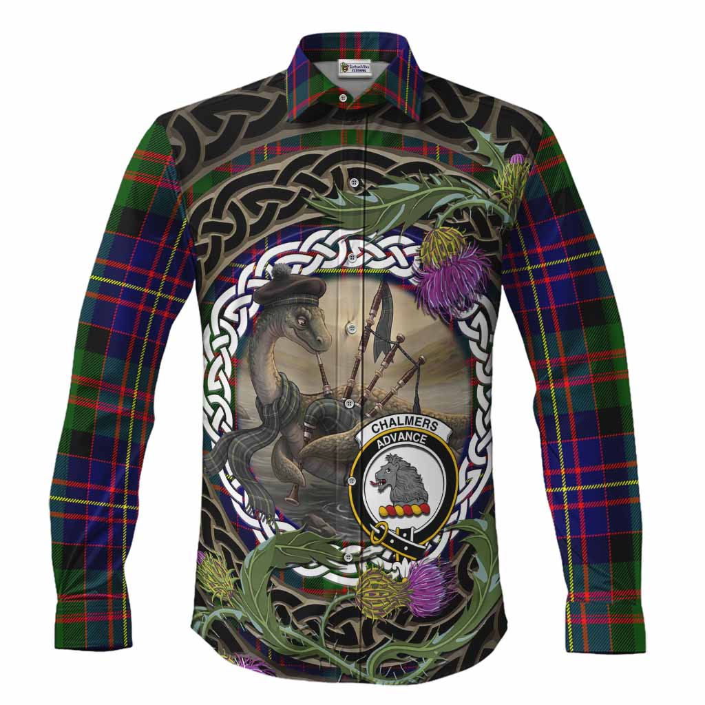Chalmers Tartan Crest Bagpipe Nessie Long Sleeve Button Shirts Scottish Loch Ness Monster Celtic Thistle