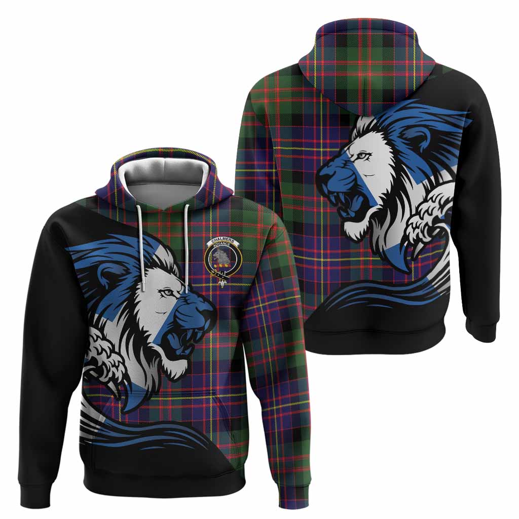 Chalmers Tartan Crest Hoodie Scottish Golden Lions Wave Flow