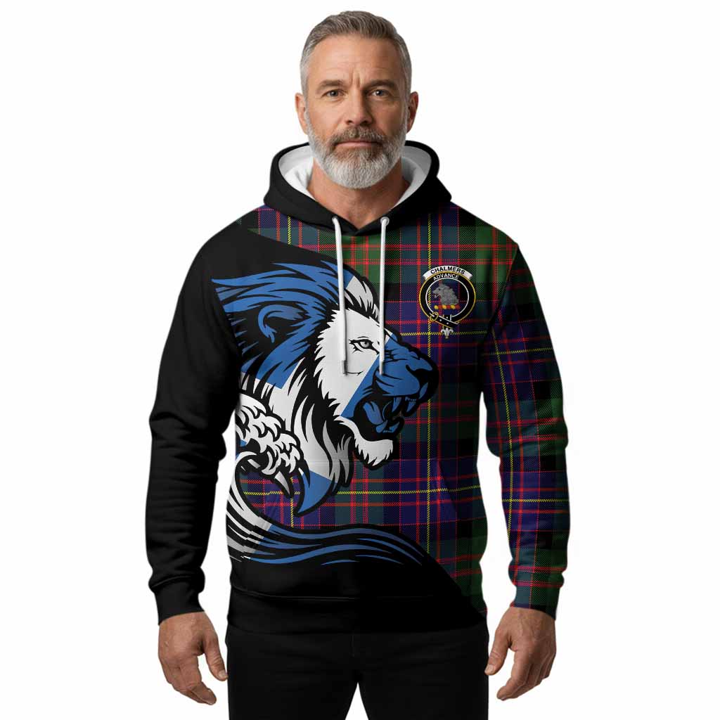 Chalmers Tartan Crest Hoodie Scottish Golden Lions Wave Flow