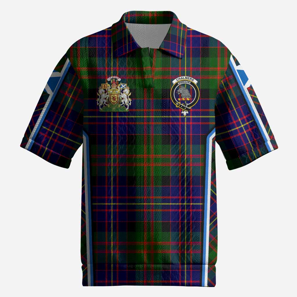 Chalmers Tartan Crest Men’s Polo Sweater Top Scotland Coat of Arm Flag Style
