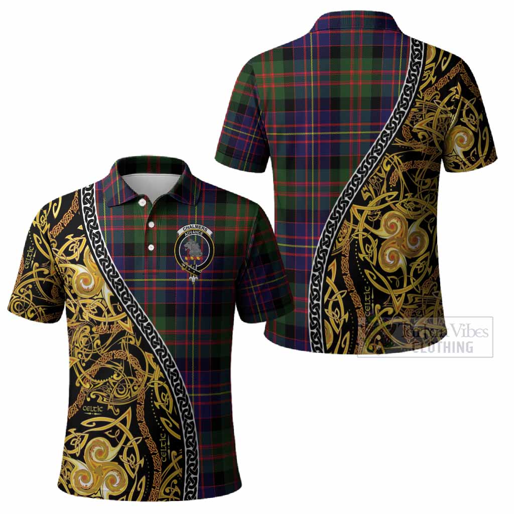 Chalmers Tartan Crest Polo Shirt Celtic Knot and Triple Trickle Spiral Symbols