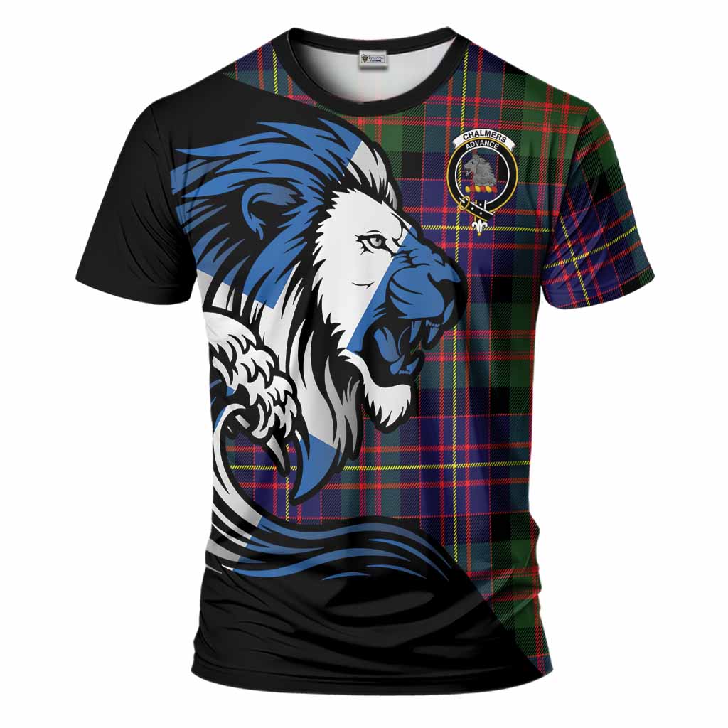 Chalmers Tartan Crest T-Shirt Scottish Golden Lions Wave Flow