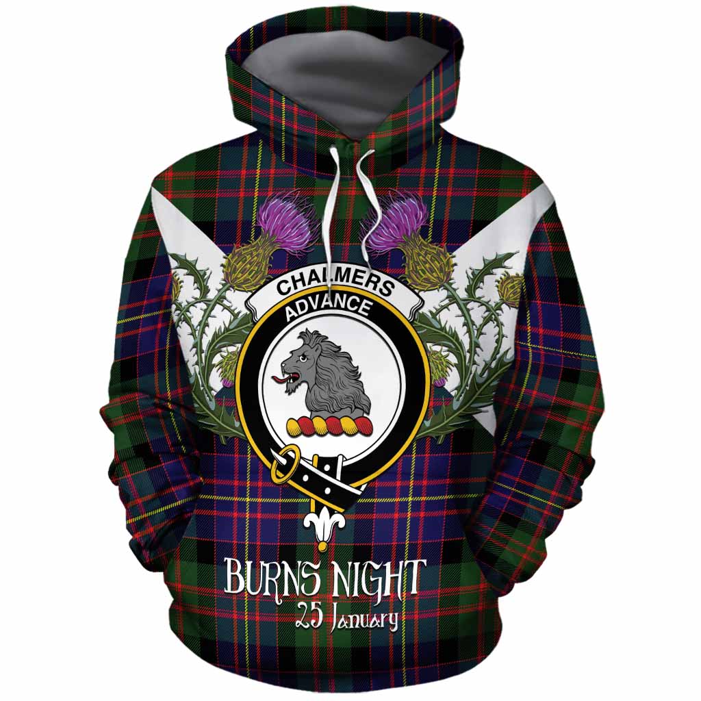Chalmers Tartan Family Crest Cotton Hoodie Scottish Burns Night Thistle Floral