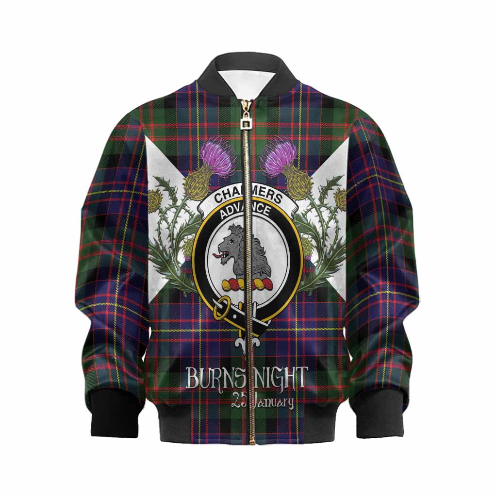 Chalmers Tartan Family Crest Kid Bomber Jacket Scottish Burns Night Thistle Floral